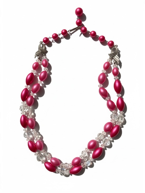Vintage Jewelry - VINTAGE Fuchsia Pink Double-Strand Beaded Choker Necklace with Glass Crystals